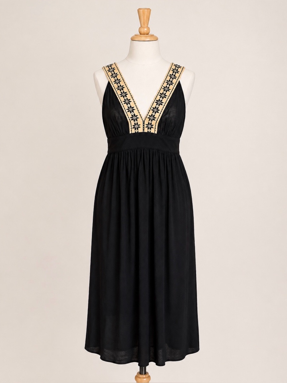 Suzanne Simon Size 10 Black Embroidered Bow Midi Dress Cottagecore Boho